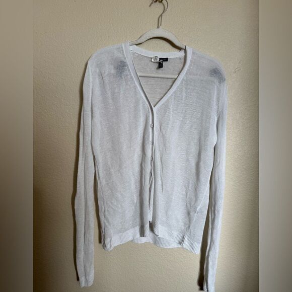 Eileen Fisher Linen Sheer Knit Cardigan Sz M White Lightweight V Neck Buttoned - Picture 1 of 5